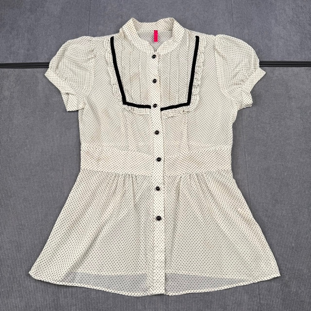 Magenta Polka Dot Ruffle Bib Blouse Cream Black Velvet Trim Puff Sleeve y2k Top